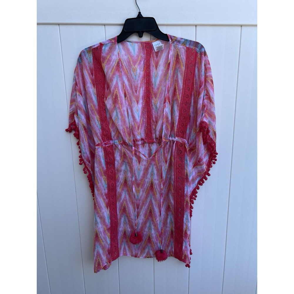Time & Tru Kaftan Kimono Swim Cover Up One Size Pink Tie Waist Tassels